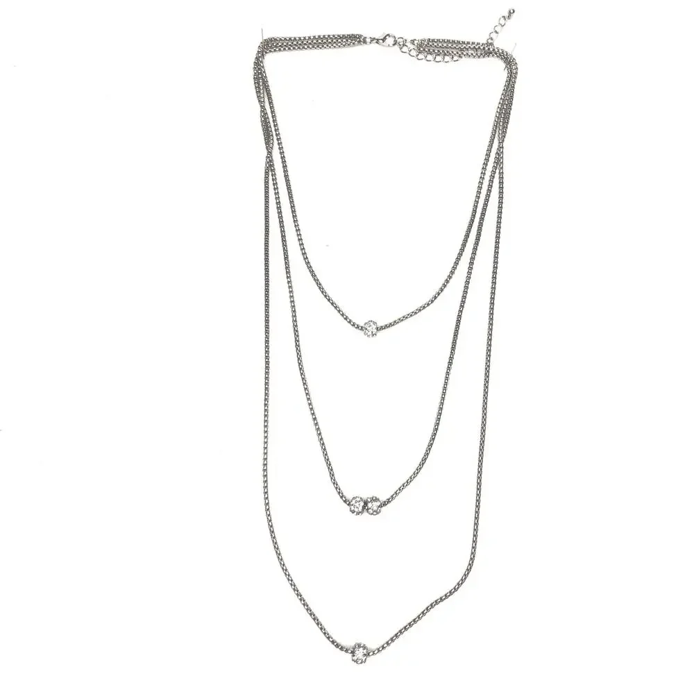 Layered Necklace with Pave Stone Embellished Beads Silver Tone Chain